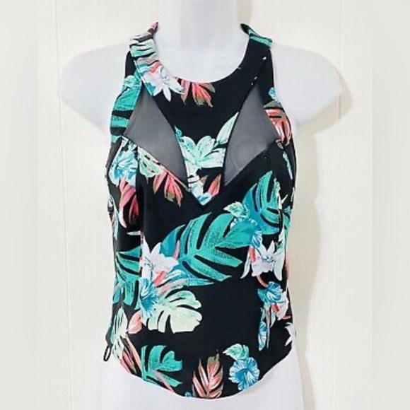 FINAL PRICE GUESS Sleeveless MESH INSERTS Halter FLORAL Neoprene Top - Picture 2 of 10